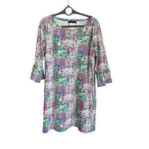 Talbots Venice Scenic Print Shift Dress Medium 3/4 Bell Sleeve Nylon Spandex M